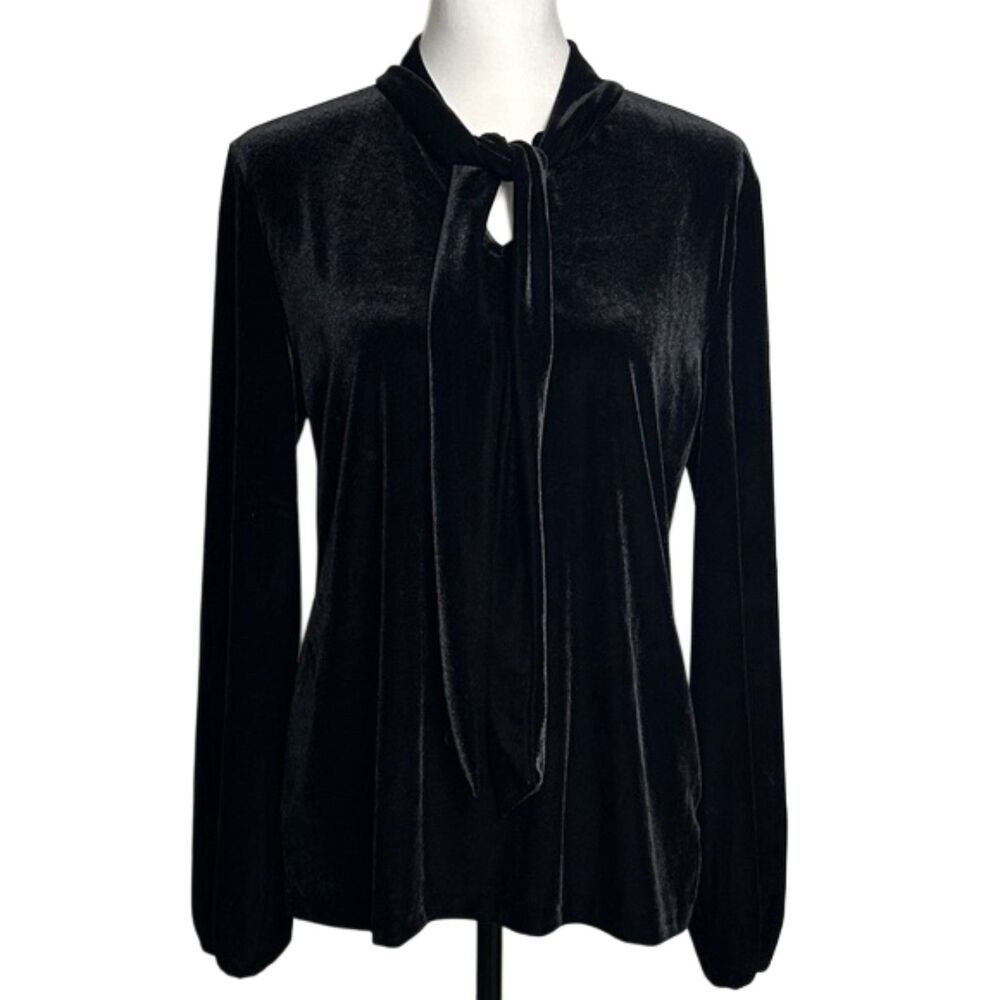 Talbots Velvet Tie Neck Top Long Sleeve Medium Whimsygoth Vamp Witchy Stretchy